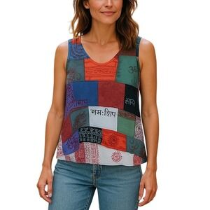 Yak & Yeti Patchwork Flowy Tank Top Size S Sleeveless Rayon-Boho Festival Hippie